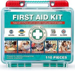 General Medi 110 Pieces Small First Aid Kit - HardCase First Aid Box - Contains Premium Medical Supplies for Travel, Home, Office, Vehicle, Camping, Workplace & Outdoor
